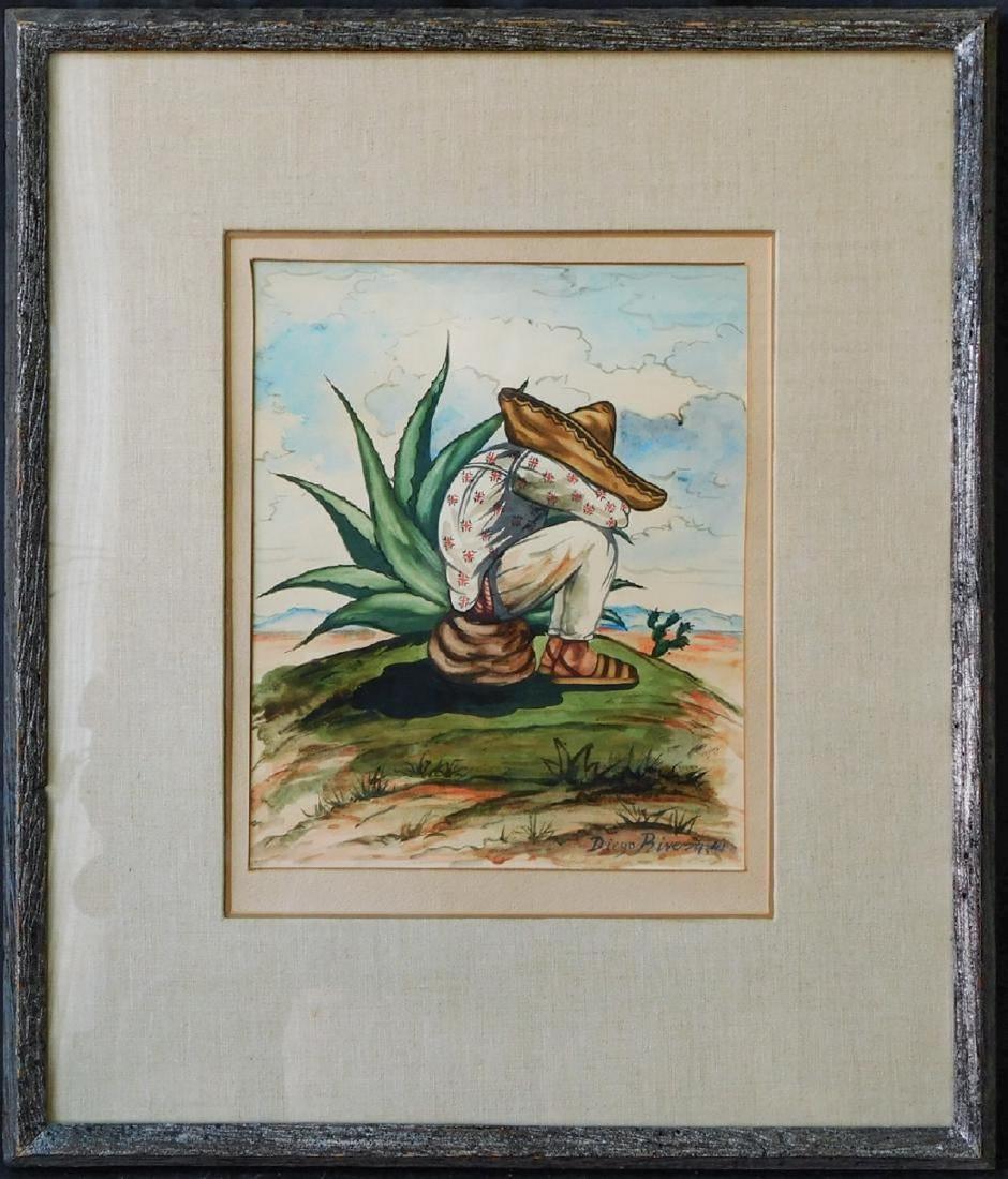 In the style of Diego Rivera: Artist: Diego Rivera (In the style of ) Origin: Mexican Date/Period: 1941 Materials: Watercolor Painting on Paper Dimensions: Painting: 11 x 10 inches, Frame: 21 1/2 x 18 inches Additional Info/Descri
