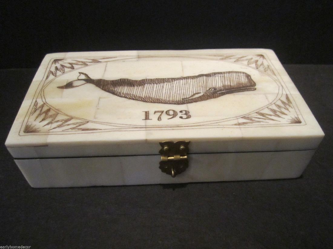 Folk Art Whale Scrimshaw Bone & Wood Trinket Box 1793: 6 1/14" x 3 1/4" x 1 5/8" Wonderful new reproduction scrimshaw carved ox bone box. As you can see this piece is tiled with ox bone on wood and decorated with a design typical of the period. Nice felt