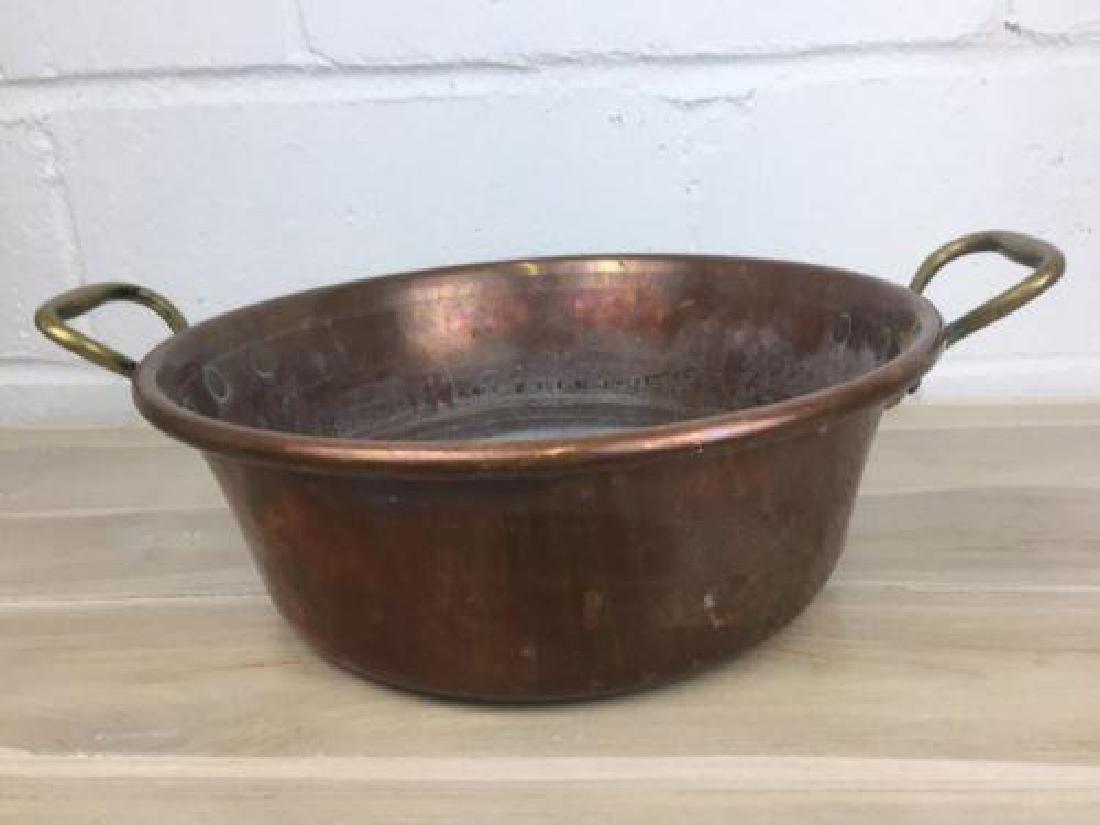 Antique French Pan Copper Made in France Brass Handles: This beautiful rare thick French pan is made of copper with brass handles and rivets in a beautiful, French country design. Beautiful patina, great condition. Pan measures: Height - 5" Diameter - 14"
