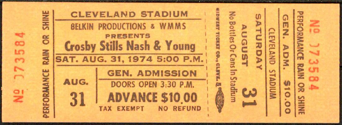 Crosby, Stills, Nash & Young - Cleveland Ticket: No Reserve! Title: Crosby, Stills, Nash & Young - Cleveland Ticket Printing Date: 1974 Medium: Lithograph Size/Format: 4¼" x 1½" Cleveland Stadium hosted Crosby, Stills, Nash & Young for this August