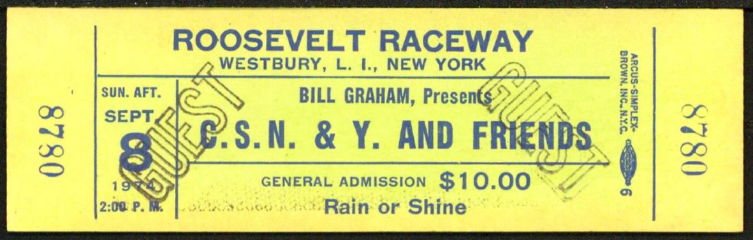 Crosby, Stills, Nash & Young - Long Island Ticket: No Reserve! Title: Crosby, Stills, Nash & Young - Long Island Ticket Printing Date: 1974 Medium: Lithograph Size/Format: 5" x 1½" Publisher: Bill Graham Series: Bill Graham Presents Crosby, Stills, N