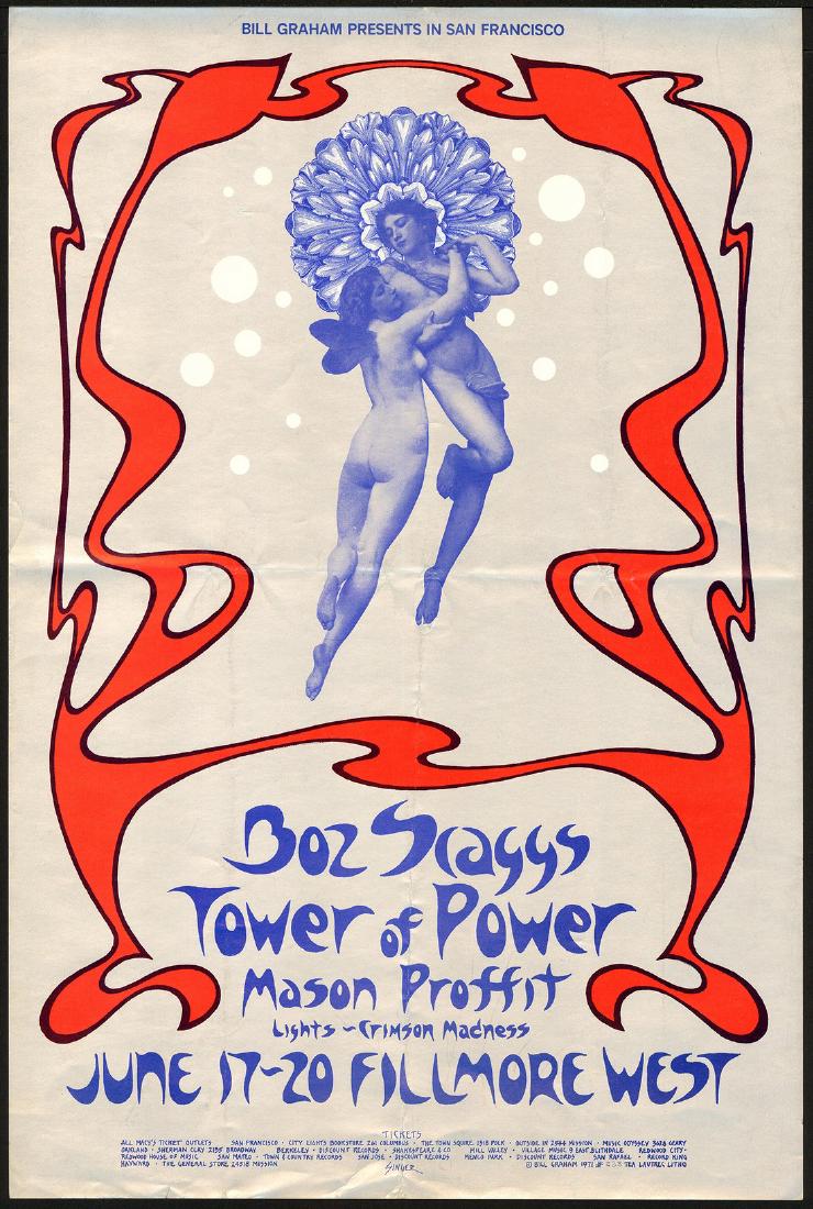 BG-285 Poster by David Singer: Artist: David Singer Title: BG-285 Poster by David Singer Printing Date: 1971 Medium: Lithograph Size/Format: 14" x 22" Publisher: Bill Graham Series: Bill Graham Presents A swirling red design surrou