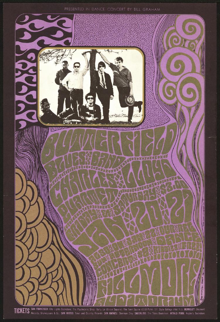 BG-46 Paul Butterfield Poster: Artist: Wes Wilson Title: BG-46 Paul Butterfield Poster Printing Date: 1967 Medium: Lithograph Size/Format: 14¾? x 21?? Publisher: Bill Graham Series: Bill Graham Presents This slightly art deco was 