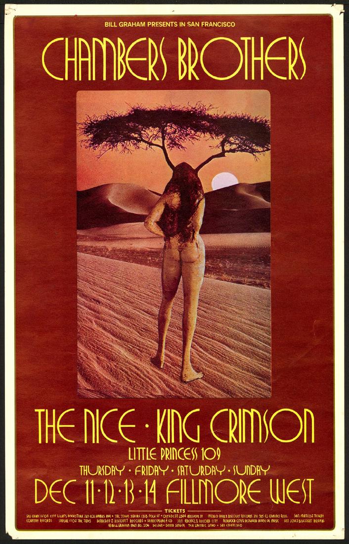 Original BG-206 Chambers Brothers Poster: Artist: David Singer Title: Original BG-206 Chambers Brothers Poster Printing Date: 1969 Medium: Lithograph Size/Format: 14" x 22" Publisher: Bill Graham Series: Bill Graham Presents Singer chose a si