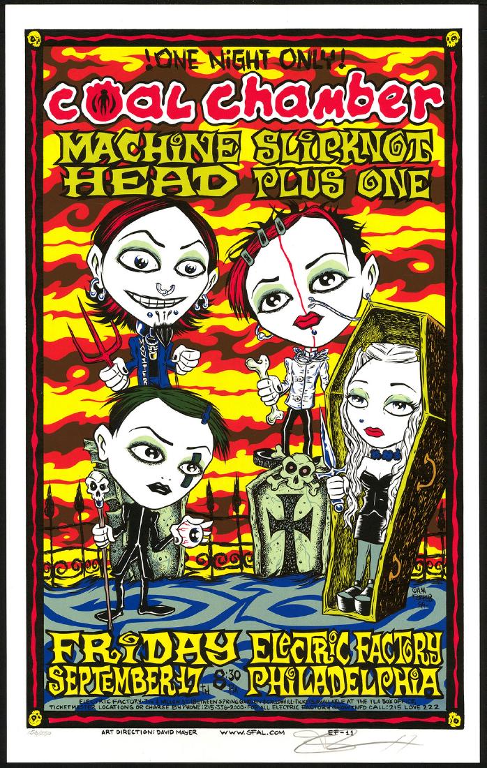 EF-11 Coal Chamber Poster: No Reserve! Artist: Allen Forbes Title: EF-11 Coal Chamber Poster Printing Date: 1999 Medium: Silkscreen Size/Format: 14" x 22½" Publisher: Electric Factory Series: Electric Factory This odd poster f