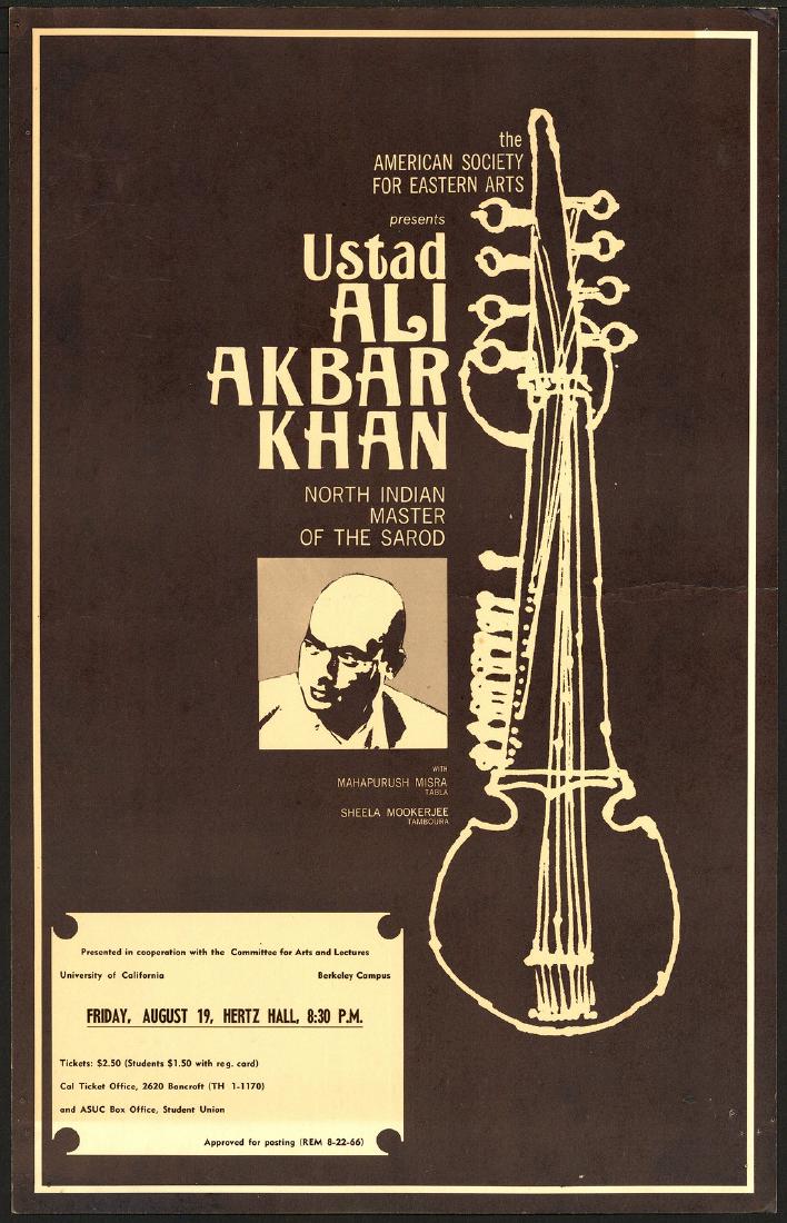 Ustad Ali Akbar Khan Poster: No Reserve! Artist: Unknown Title: Ustad Ali Akbar Khan Poster Printing Date: 1966 Medium: Lithograph Size/Format: 13¾" x 21¾" Printed on cardboard, this poster advertises a performance by Ali Akbar