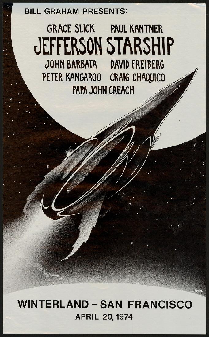 1974 Jefferson Starship At Winterland Poster: No Reserve! Artist: Greg Irons Title: 1974 Jefferson Starship At Winterland Poster Printing Date: 1974 Medium: Lithograph Size/Format: 13¾" x 22½" Publisher: Bill Graham Series: Bill Graham Presents