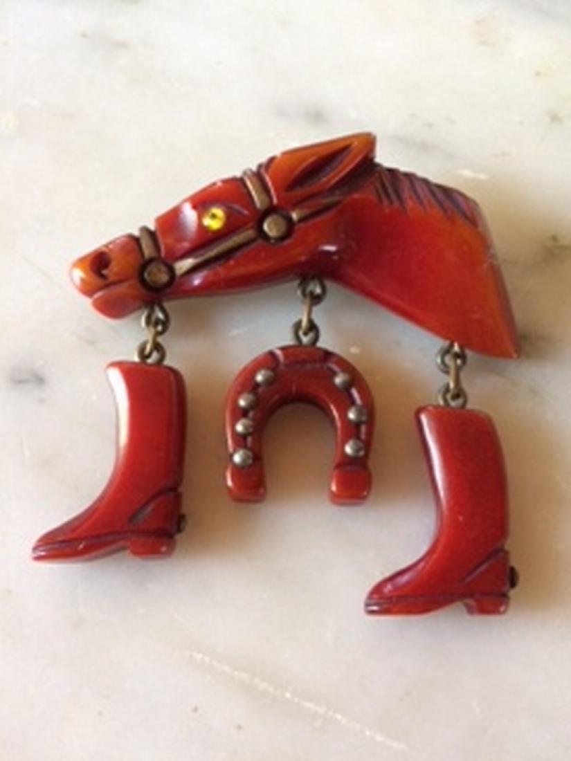 Orange-Red Vintage Bakelite Equestrian Pin (1 of 1)