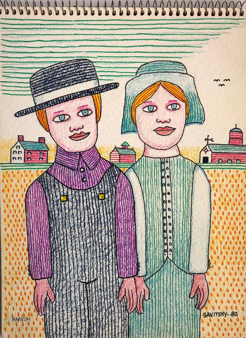 Outsider Art Savitsky, Jack, Amish , 1980: Title: Amish , 1980 Artist/Maker: Savitsky, Jack, 1910-1991 Date/Period: 1980 Dimension: 9 x 12 in. Materials:Colored Pencil on paper Shipping: Domestic: Flat-rate of $20.00 to anywhere within the con