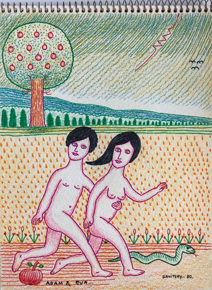 Outsider Art Savitsky, Jack, Adam and Eva, 1980: Title: Adam and Eva, 1980 Artist/Maker: Savitsky, Jack, 1910-1991 Date/Period: 1980 Dimension: 9 x 12 in. Materials:Colored Pencil on paper Shipping: Domestic: Flat-rate of $20.00 to anywhere within t