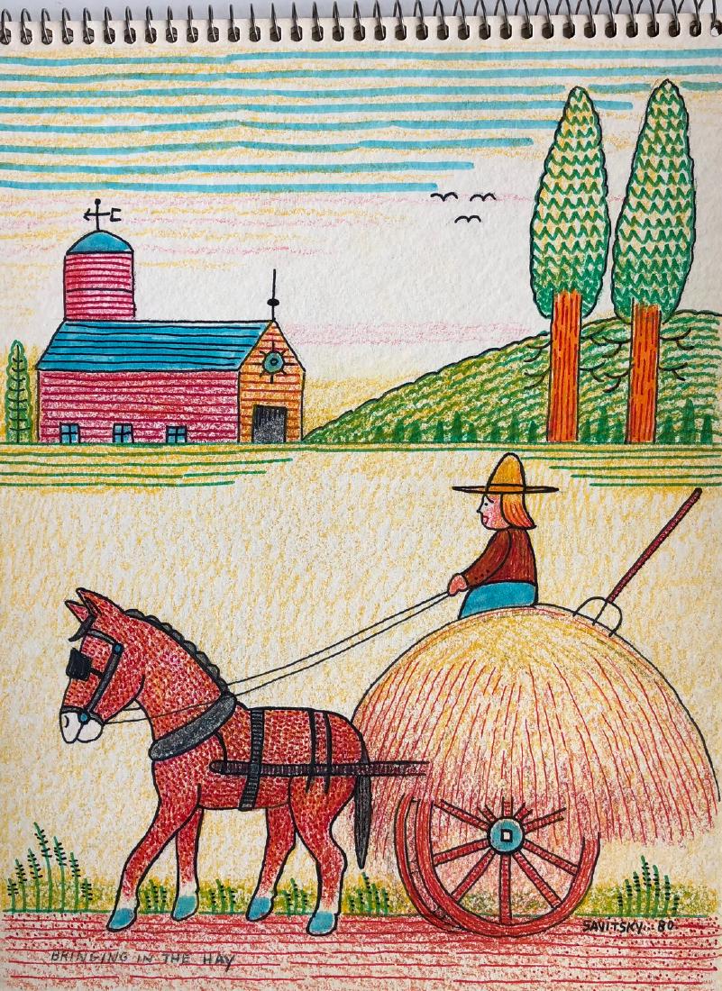 Outsider Art Savitsky, Jack, Bringing in the Hay, 1980: Title: Bringing in the Hay, 1980 Artist/Maker: Savitsky, Jack, 1910-1991 Date/Period: 1980 Dimension: 9 x 12 in. Materials:Colored Pencil on paper Shipping: Domestic: Flat-rate of $20.00 to anywhere w