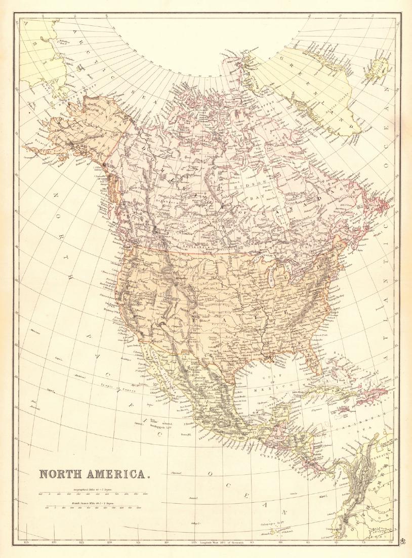 North America.: Title: North America. Publication Date: 1893 Cartographer: LOWRY, J. W. ? Publisher: BLACKIE & SON Size: 19.6Height - 13.3Width Map from The Descriptive Atlas of the World. No.48. Polar projection. Ma