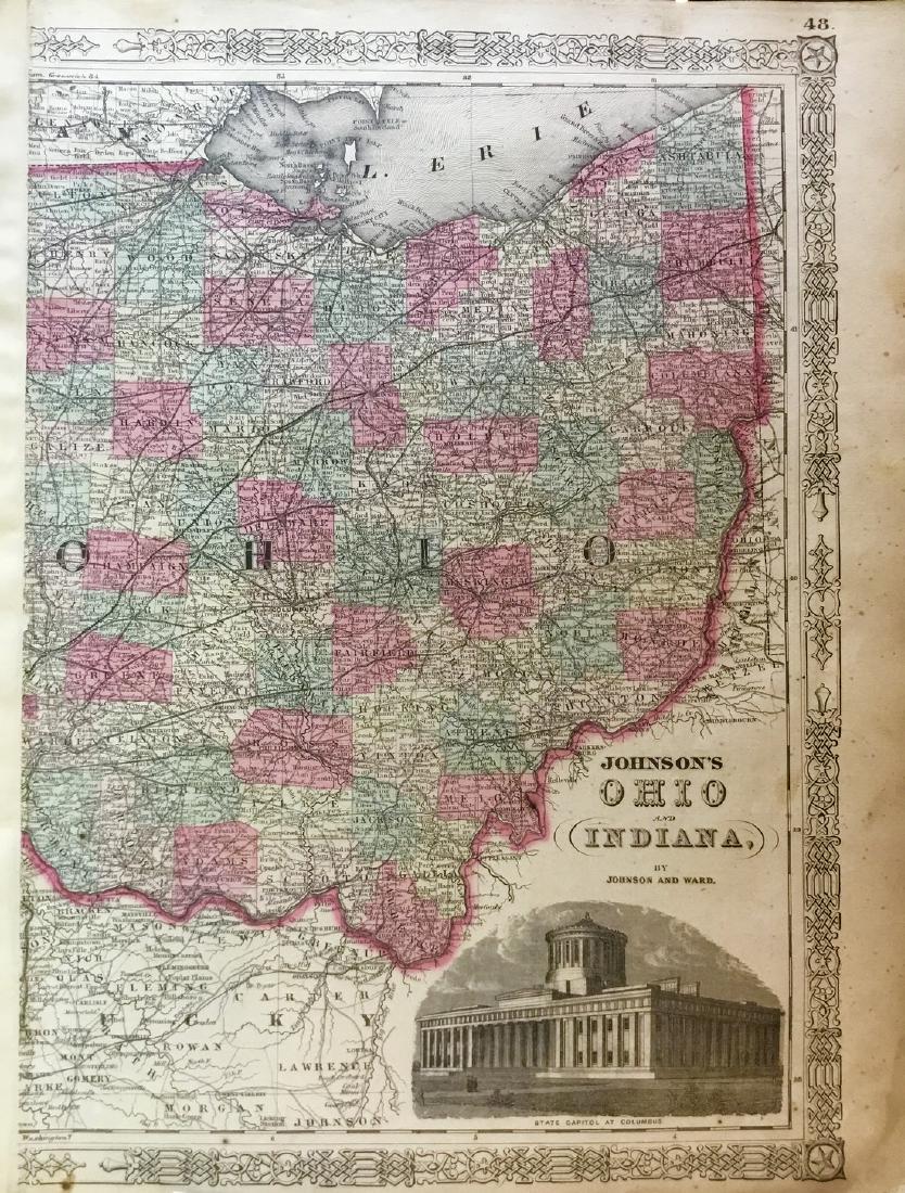 Ohio: Title/Content of Map: Ohio Date 1863 Cartographer: By Johnson & Ward. From, Johnson’s New Illustrated Family Atlas Size: 18x14” Provenance: New York. Hand colored. Text on verso. Reserve: $20.00 S