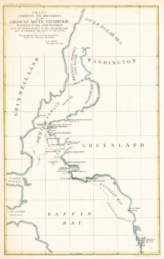 Chart Exhibiting the Discoveries of the Second: Title: Chart Exhibiting the Discoveries of the Second American-Grinnell-Expedition Publication Date: 1855 Cartographer: KANE, ELISHA KENT/AUGUST SONNTAG Publisher: U.S. SENATE Size: 17.25Height - 14.7
