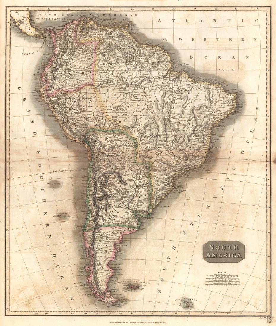 South America: Title: South America Publication Date: 1817 Cartographer: THOMSON, JOHN & CO. Publisher: JOHN THOMSON, JUNR. & CO. Size: 23Height - 19.75Width No.53 from Thomson's New General Atlas 1817. J. Moffat sc
