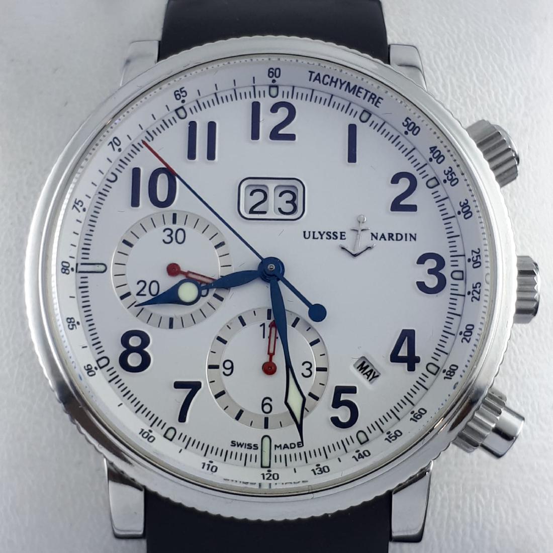 Ulysse Nardin - Marine - 513-22 - Men - 2000-2010: Brand: Ulysse Nardin Model: Marine Reference Number: 513-22 Gender: Men Period: 2000-2010 Movement: Automatic Case material: Steel Extras: Universal Watch Box Type: Chronograph wristwatch Case Size: 1