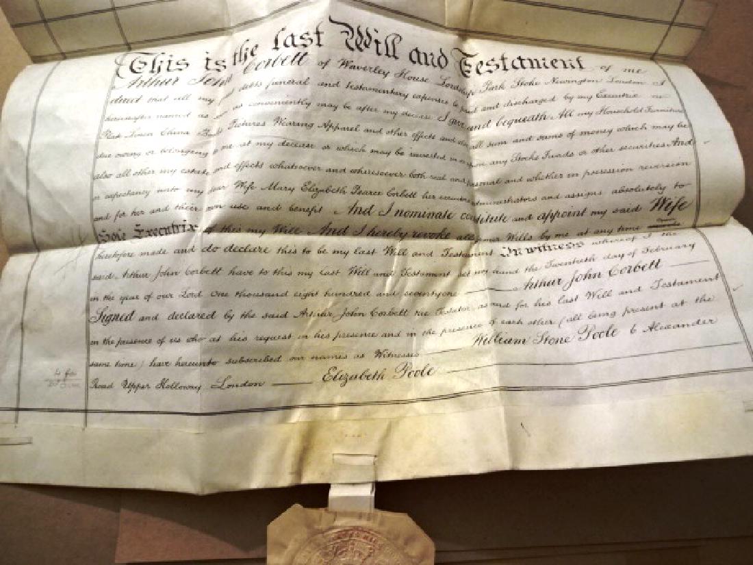 English Vellum Will Beautifully Penned: Beautifully penned Last Will and Testament of Arthur John Corbett of Waverly House in London. Attached large embossed seal. Dated 1898. Fine condition, measures 20 x 14”. Reserve: $20.00 Shipping: D