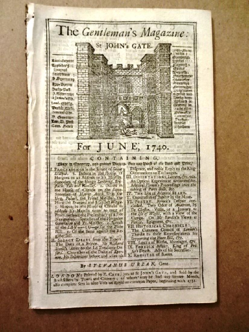 1740 Gentleman's Magazine Lilliput: The June 1740 issue of Gentleman’s Magazine, printed at London, 54 pages. Includes Proceedings of Senate of Great Lilliput covering Parliament due to period libel laws. Also letter from Jamaica and 