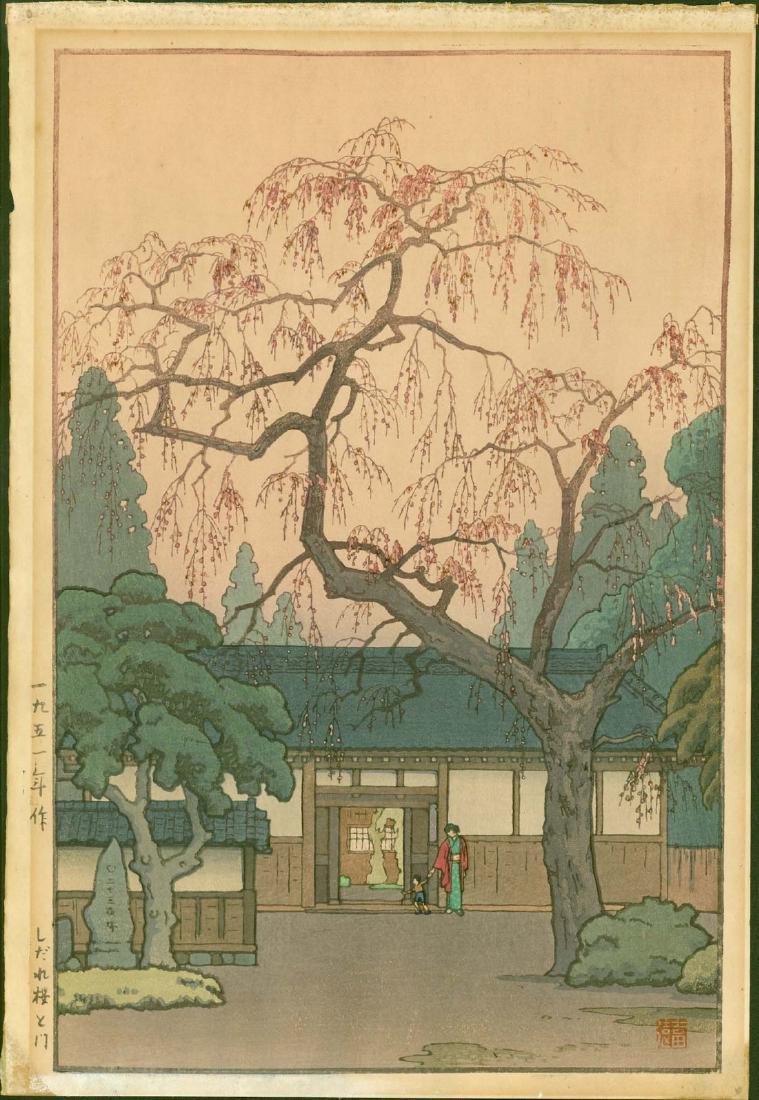Toshi Yoshida Cherry Blossoms by the Gate: Artist: Toshi Yoshida Title:Cherry Blossoms by the Gate Printing Date:1951 Medium: Japanese woodblock print. Size/Format: Oban. Approximately 15.75 x 10.5 inches. Publisher: Additional Info: Cherry Bl