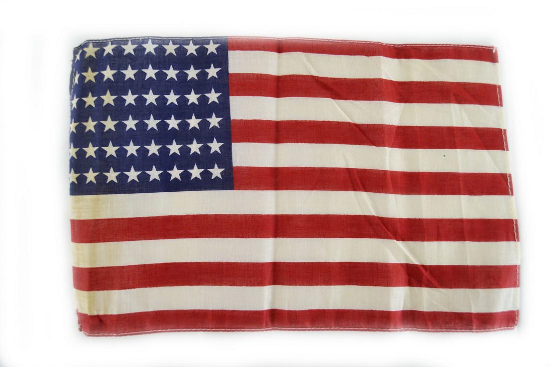 48 STAR FLAG: Item: 48 STAR FLAG Date: WWII ERA Origin: USA Material: CLOTH Dimensions: 11 in x 7 in Additional Information: COTTON Reserve: $25.00 Shipping: Domestic: Flat-rate of $15.00 to anywhere within the co