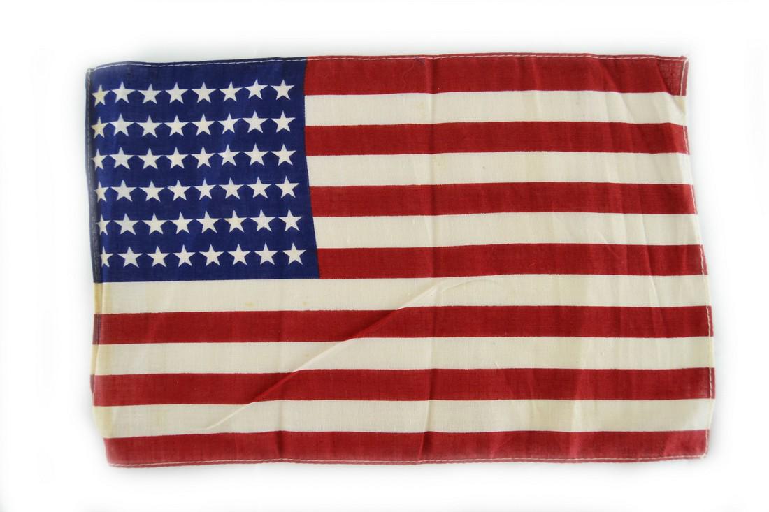 48 STAR FLAG: Item: 48 STAR FLAG Date: WWII ERA Origin: USA Material: CLOTH Dimensions: 11 in x 7 in Additional Information: COTTON Reserve: $25.00 Shipping: Domestic: Flat-rate of $15.00 to anywhere within the co