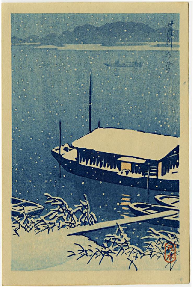 Hasui Kawase: Snow on Arakawa River 1930's Woodblock: Japanese Woodblock Print, c.1930s, lifetime edition, published by Shozaburo Watanabe SIZE IN INCHES: approx. 6 x 4 inches PROVENANCE: From the Robert O. Muller estate COMMENTS: The shin hanga publishe