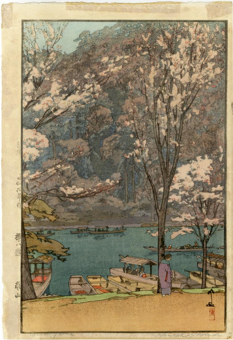 Hiroshi Yoshida: Arashiyama 1st Ed. JIZURI Woodblock: Japanese Woodblock Print, 1935, 1st edition with Jizuri seal, self-published by Hiroshi Yoshida, from the series Eight Scenes of Cherry Blossoms SIZE IN INCHES: oban, 11 x 16 inches HIROSHI YOSHIDA (1