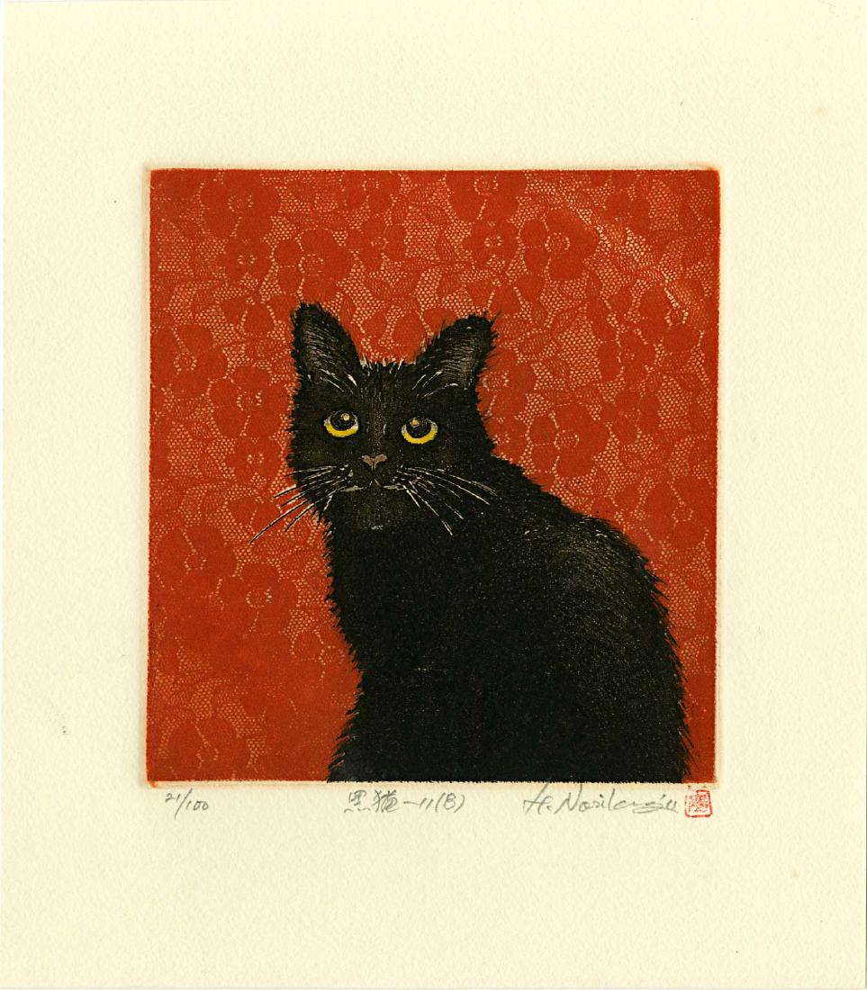 Norikane Hiroto: Black Cat B 2011 Mezzotint: Japanese Mezzotint Print, 2011, first edition, pencil signed, numbered 21/100, and titled in Japanese by Norikane Hiroto SIZE IN INCHES: 8.75 x 10 inches NORIKANE HIROTO is a contemporaty Japanese pri