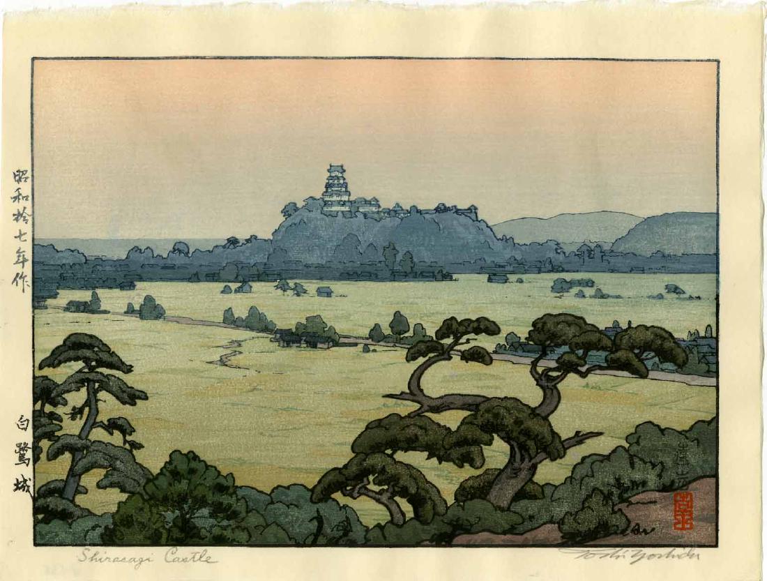 Toshi Yoshida: Shirasagi Castle 1st Ed. Woodblock: Japanese Woodblock Print, 1942, 1st edition, pencil signed by Toshi Yoshida SIZE IN INCHES: chuban, approx. 10.5 x 8 inches TOSHI YOSHIDA was the eldest son of Hiroshi Yoshida (1876-1950 who began tea