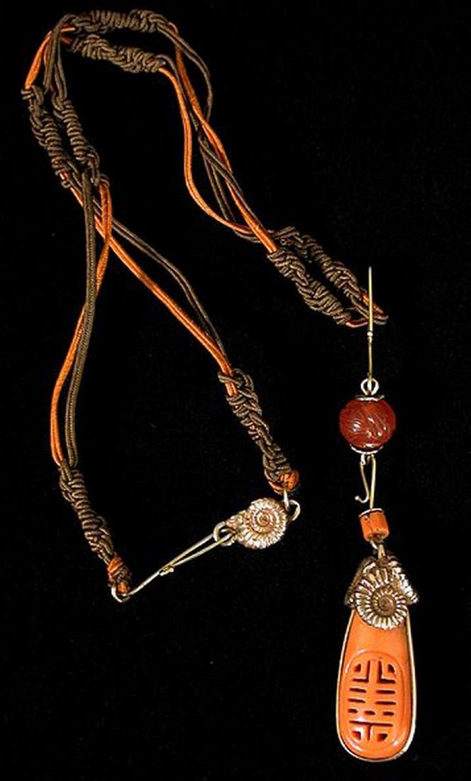 Chinese coral pendant: Title: Chinese coral pendant Date: 16th/17th c. -19th c. Size: 24” Chinese cornelian bead with 18k gold (approx gold weight 1 oz) designed by Bill Barrett Reserve: $2,600.00 Shipping: Domestic: Flat