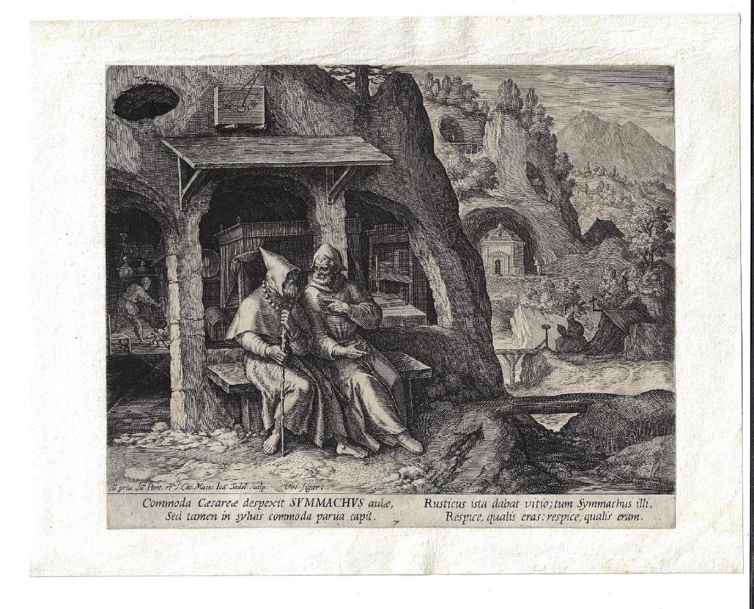 1600 Engraving Joannis Sadeler Symmachus: Engraving of Joannis Sadeler (1550-1600) after Martin de Vos (1532-1603), of Symmachus from the series “Oraculum Anachoreticum”. Venice. Mounted to paper. Fine. The image measures 8 x 7”. Reserv