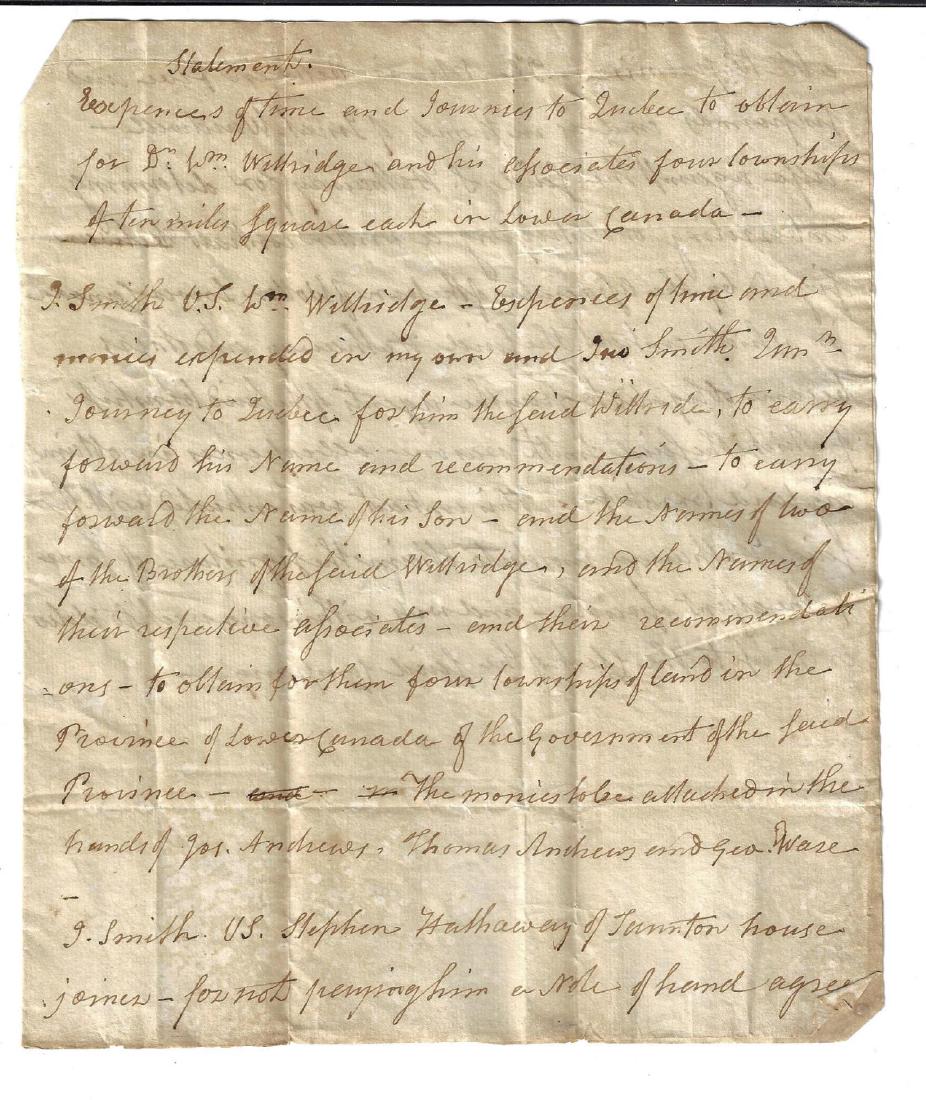 Early 19th Manuscript Land in Lower Canada: Early 19th c Statement of Samuel Baylies regarding purchases of land in Lower Canada. Baylies was acting as an agent in the acquisitions. Two pages with attached docketed leaf. Fine, measures 8 x 9.5�