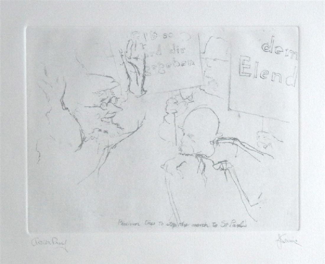 Jack Levine signed original etching "Peachum tries to: Medium: original soft ground etching, signed in pencil and annotated "Artist's Proof". This etching was executed in 1967 for the "Dreigroschen Film" series, for the limited edition portfolio published