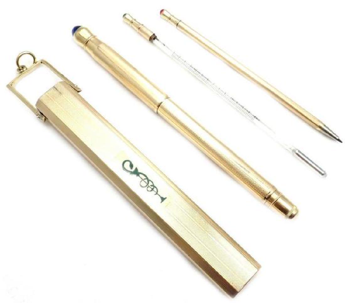 Rare Vintage 14k Solid Yellow Gold Enamel Doctors Pen: More About the Piece: Metal: 14k Yellow Gold Size: Total Size: 123mm x 16mm x 10mm Fountain Pen: 12mm x 8mm Thermometer: 11mm x 3mm Led Pencil: 9.5mm x 4mm Stones: Case Has Green Enamel Logo Fountain