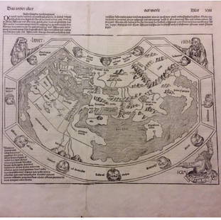 World: Title/Content of Map: WorldDate: 1493Material/Medium: Woodblock engravingSize: 18x25” The oldest decorative world map that’s obtainable. Map shows 12 wind heads, shows the three sons of Noah,