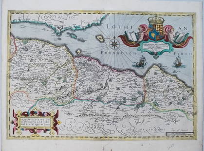 1638 Hondius Map of Edinburgh Environs in Scotland -- A: Title/Content of Map: 1638 Hondius Map of Edinburgh Environs in Scotland -- A New Description of the Shyres Lothian and Linlitquo. Be T. Pont.Date: 1638, AmsterdamCartographer: Hondius [family]Size: