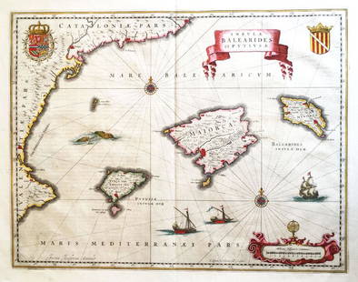 Jansson: Balearic Islands—Majorca, Minorca, Ibiza: Map Title: Insulae Balearides et Pytiusae.Cartographer: JanssonPlace/Date: Amsterdam / 1650Size: 19 1/2" x 15"Condition: outline color (wash color in cartouches and coats of arms); light overall age