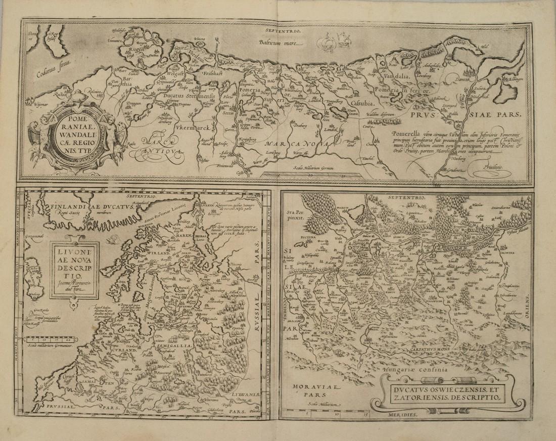 1579 Ortelius Map of Parts of Poland, Latvia and: Title/Content of Map: 1579 Ortelius Map of Parts of Poland, Latvia and Estonia -- Pomeraniae, Wandalicae Regionis, Typ. [on sheet with] Livoniae Nova Descriptio [and] Ducatus Oswieczensis, et Zatorien