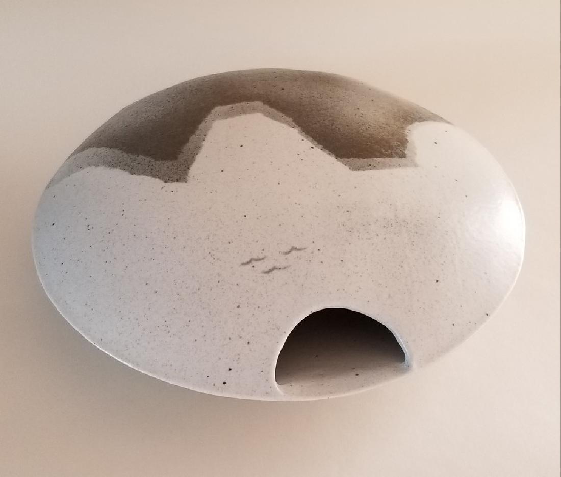 MCM French Virebent Vase: Title: MCM French Virebent Vase Maker: Virebent Origin: France Date/Period: 1960's Materials: Porcelain Size: 12 x 12 x 3 inches Circular shaped French Vierbent Vase With Design of Birds in Flight and