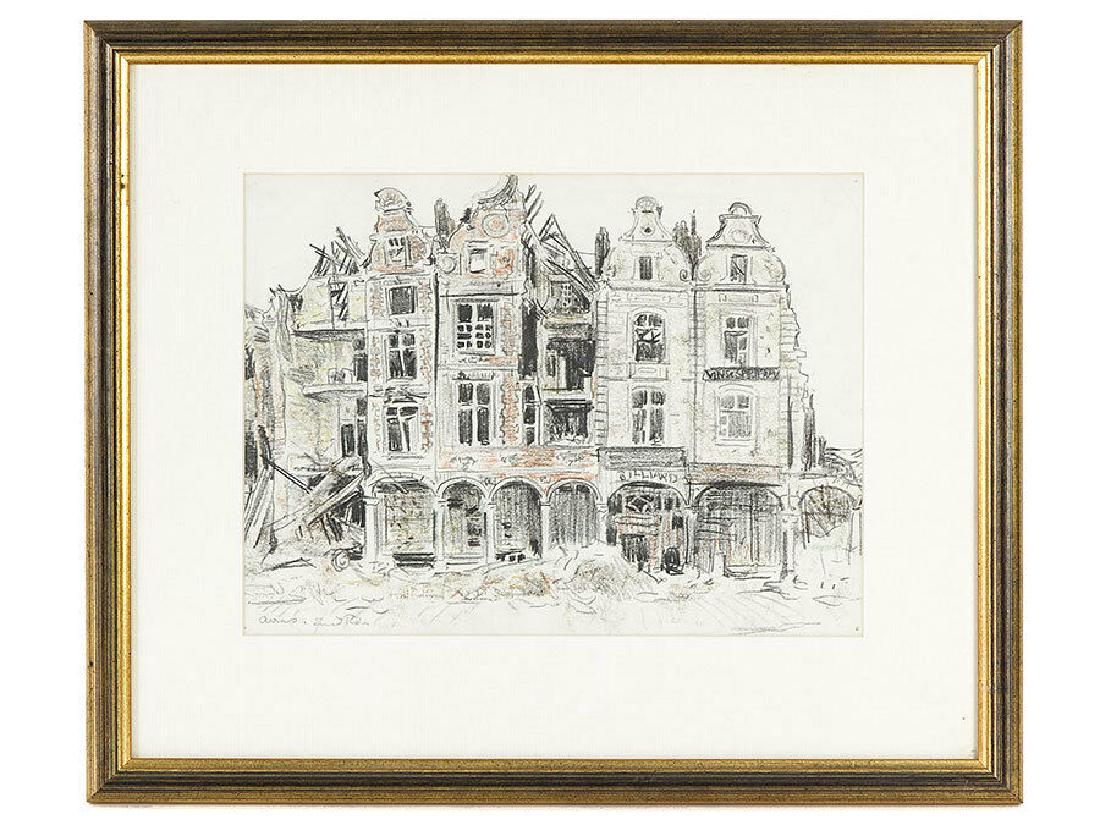 Ernest Procter Newlyn School WWI Ruins of Arras: Ernest Procter Newlyn School WWI Ruins of Arras Original An Ernest Procter original coloured chalk entitled “Arras | Ruins of the arcade houses in the City Square”. Procter’s handwriting in penc