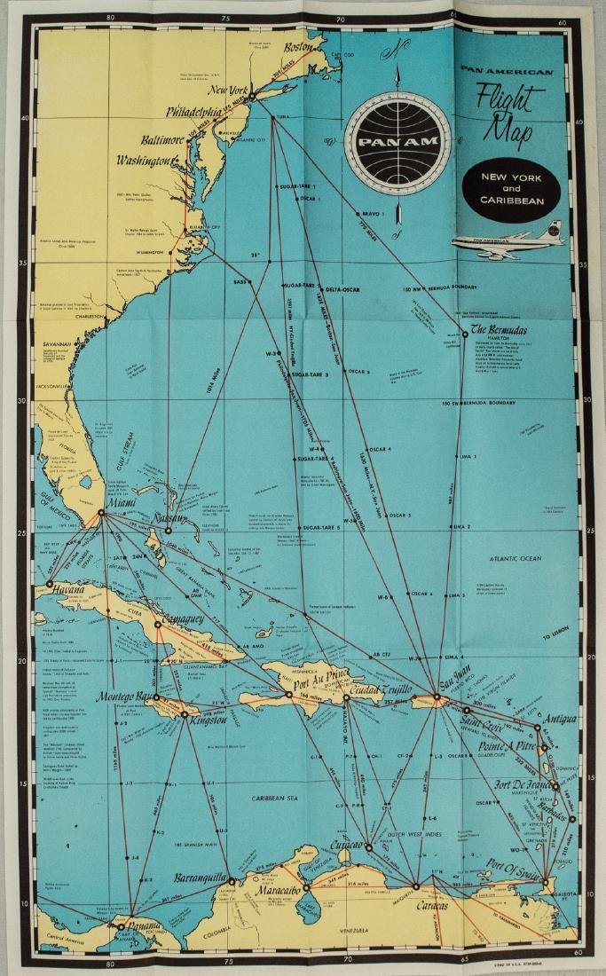 1950s PanAm Route Map of Caribbean -- PanAmerican: Title/Content of Map: 1950s PanAm Route Map of Caribbean -- PanAmerican Flight Map of New York and Caribbean Date: late 1950s c. Cartographer: PanAm Size: 14x 24 in. folded out A very nice route map o