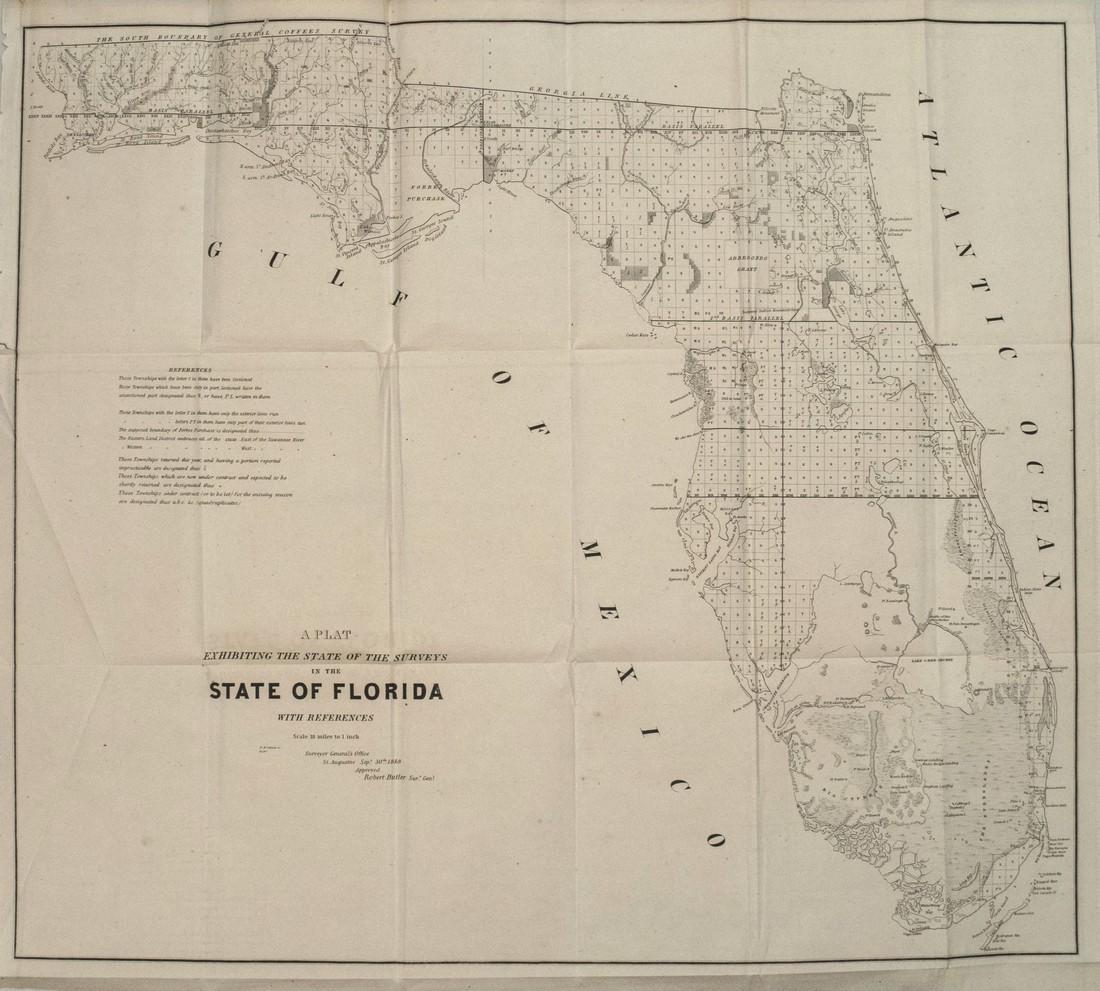 1848 US Survey Map of Florida -- A Plat Exhibiting the: Title/Content of Map: 1848 US Survey Map of Florida -- A Plat Exhibiting the State of the Surveys in the State of Florida Date: 1848, Washington Cartographer: US State Surveys Size: 22 x 24.8 in. This