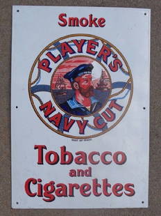 Rare Old Porcelain Sign Advertising Player's Navy Cut: Rare old porcelain sign advertising Player's Navy Cut Cigarette Tobacco. Heavy metal sheet with thick layered porcelain. Back covered in black porcelain with kiln marks. Measures 21 1/4" x 14 5/8".