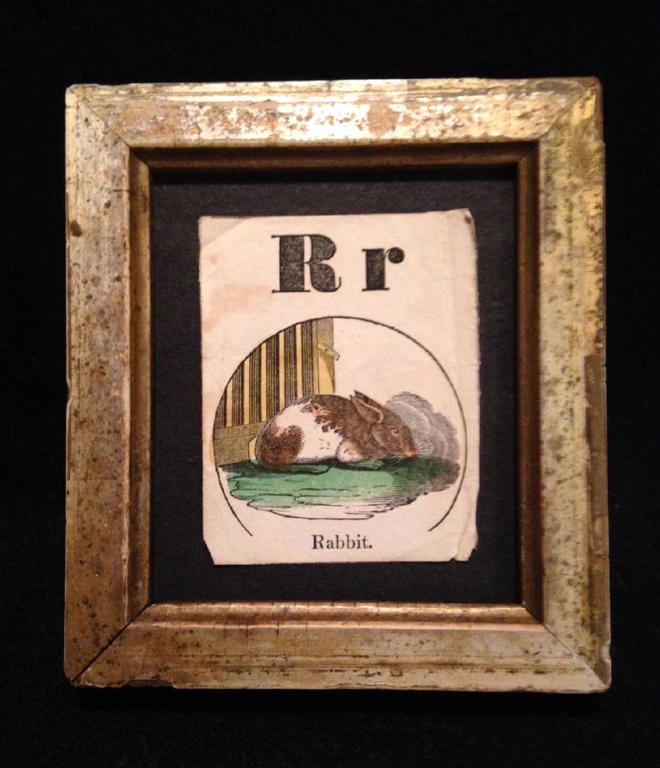 C1850 Hand Colored Rabbit Woodcut From A Children's: Title: C1850 hand colored rabbit woodcut from a children's alphabet series Dimension: Total framed size is approximately 4" x 5". Provenance:Some age/use wear. In a 19thc worn gold leaf frame Shipping