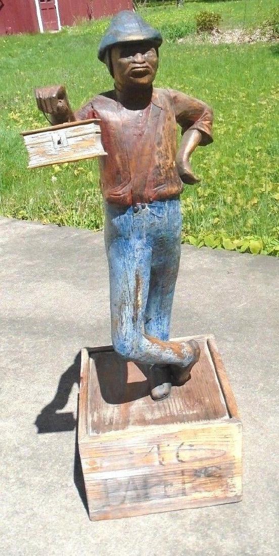 Rare Antique Painted Folk Art Black Americana Shoe: Rare antique painted folk art black Americana shoe shine trade figure. Measures 40 1/2" tall including base. Black man is a wonderful old carving with original paint. Cut from a block of layered pine