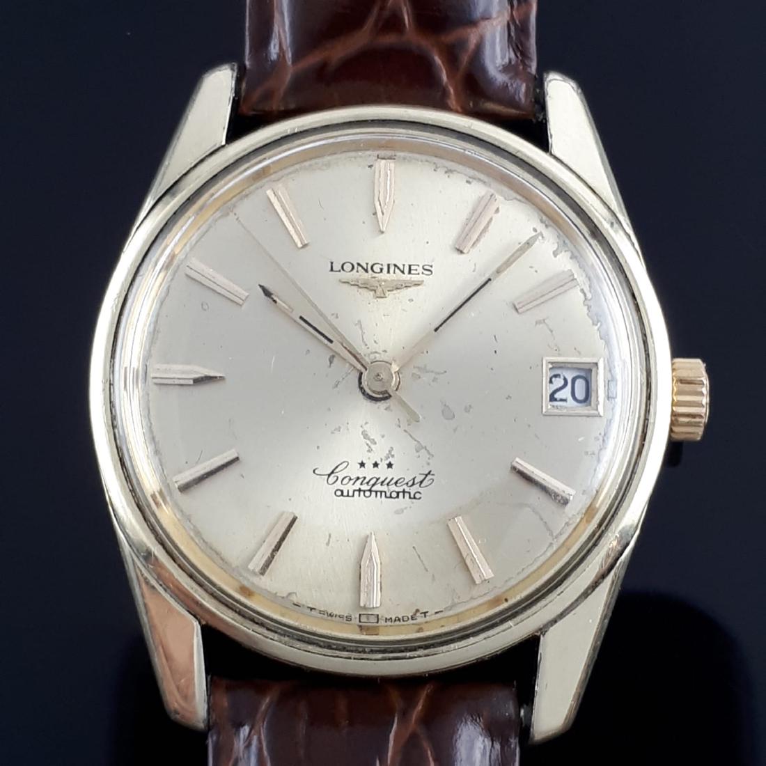 Longines - Vintage Conquest Automatic - Men - 1960-1969: Brand:Longines Model:Vintage Conquest Automatic Gender:Men Period:1960-1969 Movement:Automatic Case material:Gold-plated Extras:Universal Watch Box Type:Analogue wristwatch Bracelet: after market leat