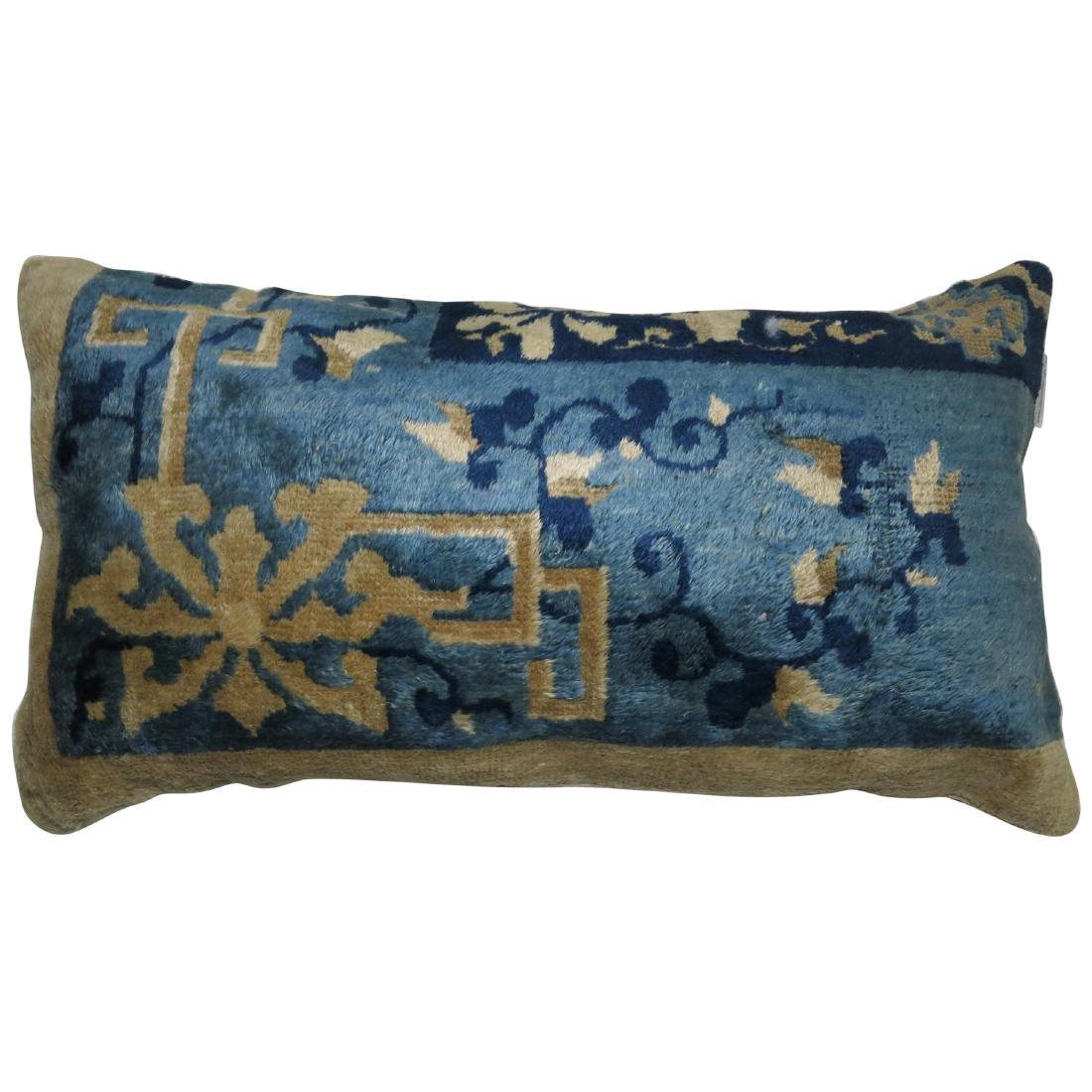 Chinese Blue Beige Bolster Rug Pillow (1 of 6)