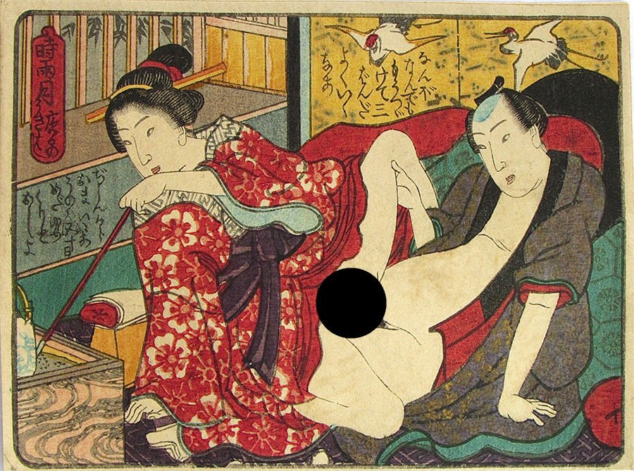 Utagawa school : shunga: Artist: Utagawa school Subject: Shunga. Signature: None Date: c. 1850 Format: koban, 12.4 x 9.4 cm Condition: Fine impression and color with metallic pigments, backed this print was mounted on a scrol