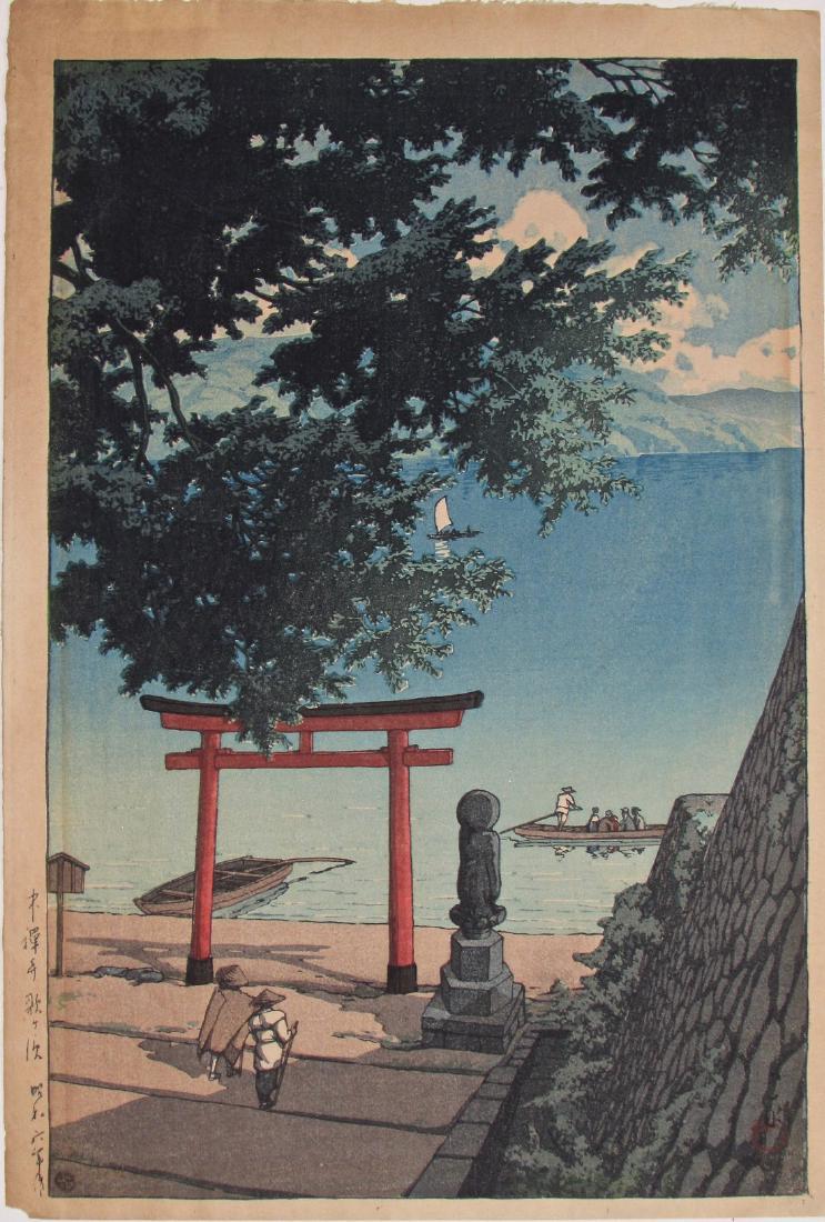 Hasui : Chuzenji Temple at Utagama Beach: Artist: Kawase HASUI (1883-1957) Subject: Chuzenji Temple at Utagama Beach Publisher: Watanabe Signature: Hasui Date: 1931, this impression 1946-57 Format: ôban, 26.3 x 39 cm Condition: Fine impressi