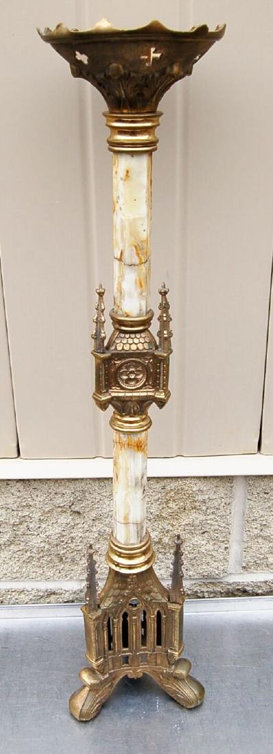 Nice Brass Alabaster Altar Candlestick + Gothic +: Nice Antique Altar Gothic Candlestick Brass and Alabaster This is a very nice older altar candlestick as shown in the photos Odd Candlestick from a set All brass with an alabaster stem It stands 29" t